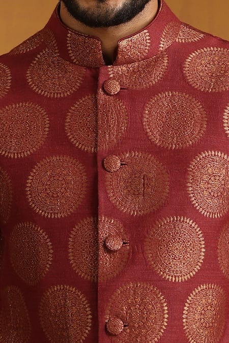 Shop_Weaver Story_Maroon Chanderi Mandala Pattern Bundi Kurta Set _Online_at_Aza_Fashions