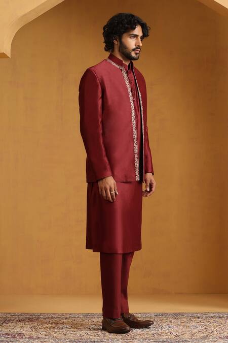 Weaver Story_Maroon Chanderi Beads, Embroidery Kurta Set With Jacket_Online_at_Aza_Fashions