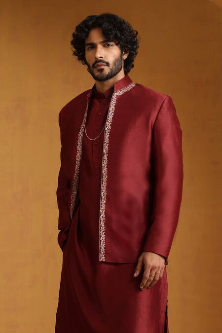 Buy_Weaver Story_Maroon Chanderi Beads, Embroidery Kurta Set With Jacket_Online_at_Aza_Fashions