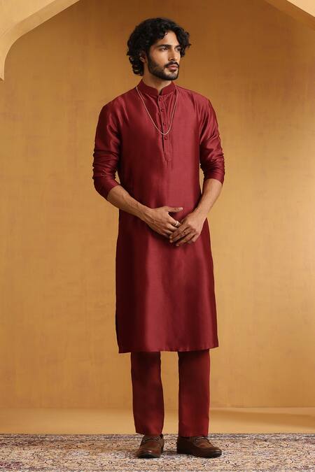 Shop_Weaver Story_Maroon Chanderi Beads, Embroidery Kurta Set With Jacket_Online_at_Aza_Fashions