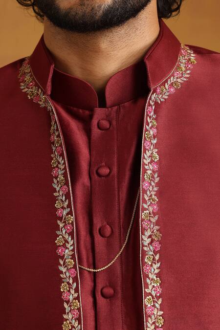 Weaver Story_Maroon Chanderi Beads, Embroidery Kurta Set With Jacket_at_Aza_Fashions