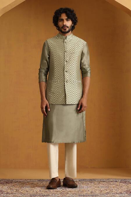 Shop Weaver Story Green Chanderi Chevron Woven Bundi Set Online at Aza Fashions Shop_Weaver Story_Green Chanderi Chevron Woven Bundi Set_Online_at_Aza_Fashions