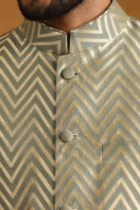 Buy Weaver Story Green Chanderi Chevron Woven Bundi Set Buy_Weaver Story_Green Chanderi Chevron Woven Bundi Set