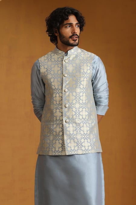 Buy Weaver Story Blue Chanderi Geometric Woven Bundi Kurta Set Online at Aza Fashions Buy_Weaver Story_Blue Chanderi Geometric Woven Bundi Kurta Set _Online_at_Aza_Fashions