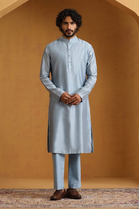 Weaver Story Blue Chanderi Geometric Woven Bundi Kurta Set at Aza Fashions Weaver Story_Blue Chanderi Geometric Woven Bundi Kurta Set _at_Aza_Fashions