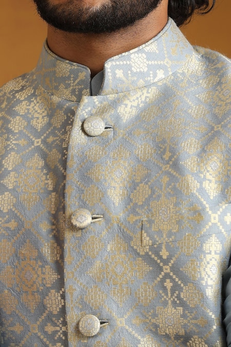 Buy Weaver Story Blue Chanderi Geometric Woven Bundi Kurta Set Buy_Weaver Story_Blue Chanderi Geometric Woven Bundi Kurta Set