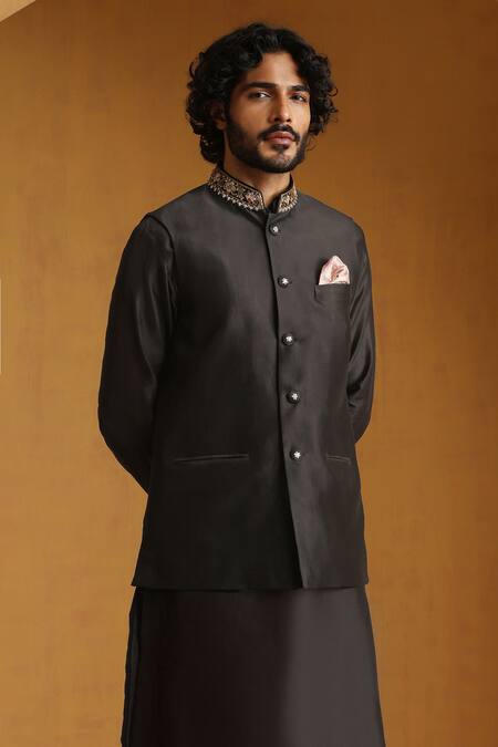 Buy Weaver Story Black Chanderi Zari Zardozi Embroidered Bundi Kurta Set Online at Aza Fashions Buy_Weaver Story_Black Chanderi Zari Zardozi Embroidered Bundi Kurta Set _Online_at_Aza_Fashions