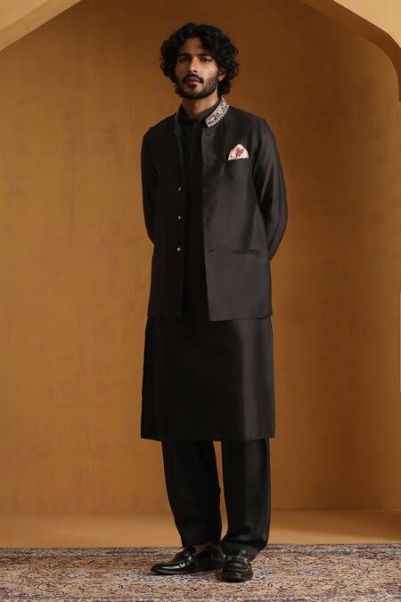 Shop Weaver Story Black Chanderi Zari Zardozi Embroidered Bundi Kurta Set Online at Aza Fashions Shop_Weaver Story_Black Chanderi Zari Zardozi Embroidered Bundi Kurta Set _Online_at_Aza_Fashions