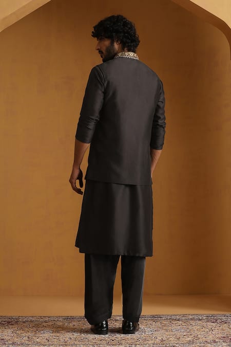 Weaver Story Zardozi Embroidered Black Bundi Kurta Set