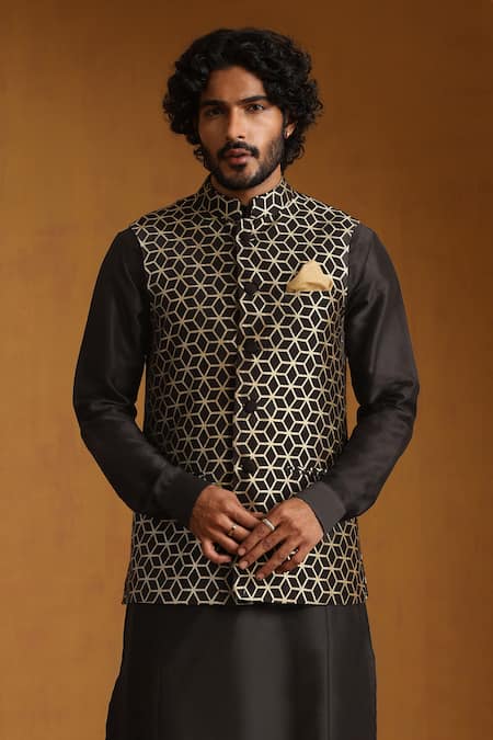Buy_Weaver Story_Black Chanderi Geometric Pattern Bundi Kurta Set _Online_at_Aza_Fashions