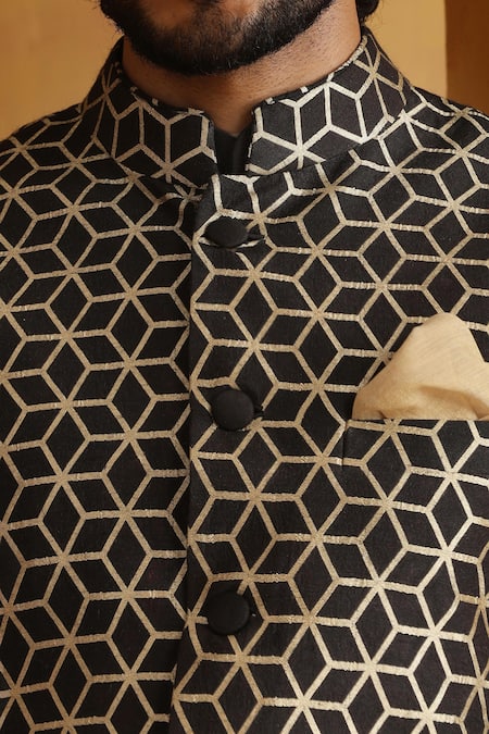 Weaver Story_Black Chanderi Geometric Pattern Bundi Kurta Set _at_Aza_Fashions