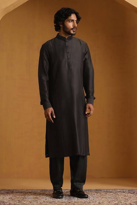 Buy_Weaver Story_Black Chanderi Geometric Pattern Bundi Kurta Set 