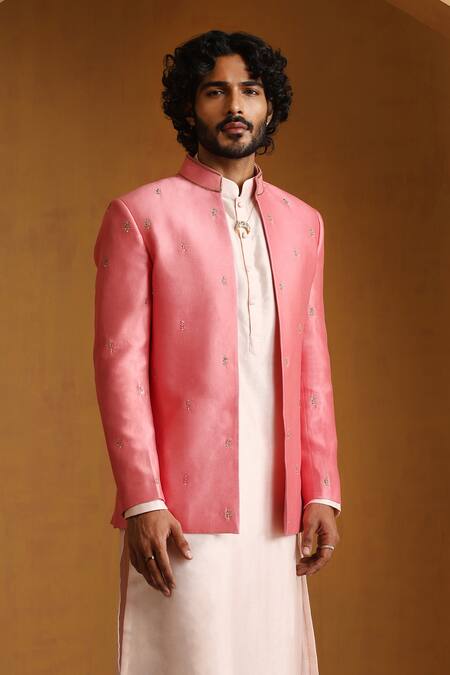 Weaver Story_Pink Chanderi Sequins, Embroidery Bandhgala Kurta Set _Online_at_Aza_Fashions