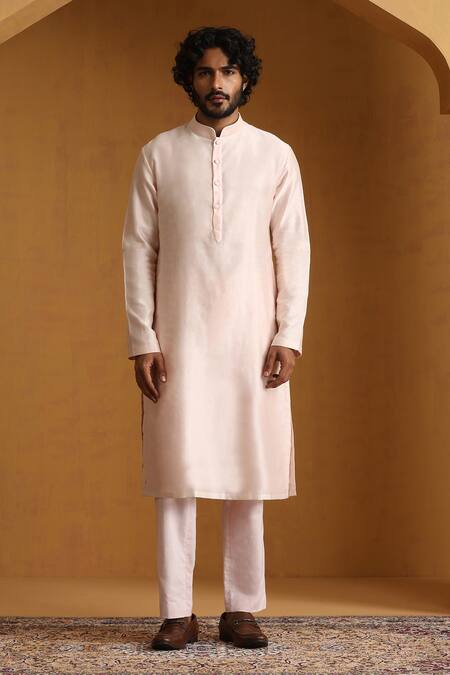 Buy_Weaver Story_Pink Chanderi Sequins, Embroidery Bandhgala Kurta Set _Online_at_Aza_Fashions