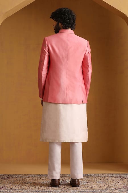 Weaver Story Pink Embroidered Chanderi Bandhgala Kurta Set 