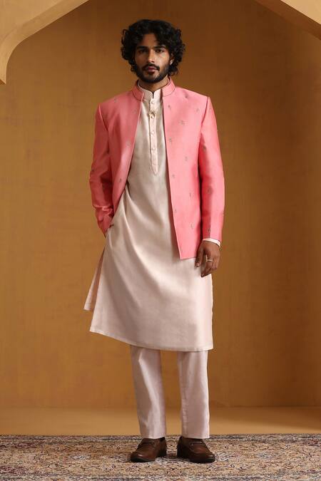 Shop_Weaver Story_Pink Chanderi Sequins, Embroidery Bandhgala Kurta Set _Online_at_Aza_Fashions