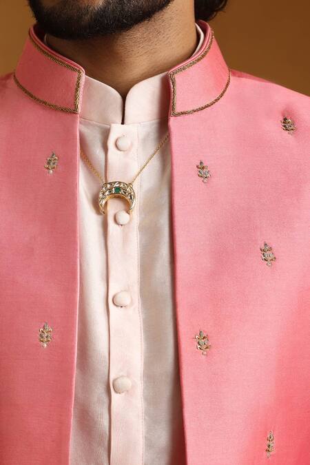 Weaver Story_Pink Chanderi Sequins, Embroidery Bandhgala Kurta Set _at_Aza_Fashions