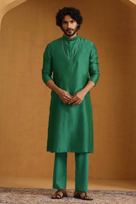Weaver Story_Emerald Green Chanderi Zari, Embroidery Bundi Kurta Set _Online_at_Aza_Fashions
