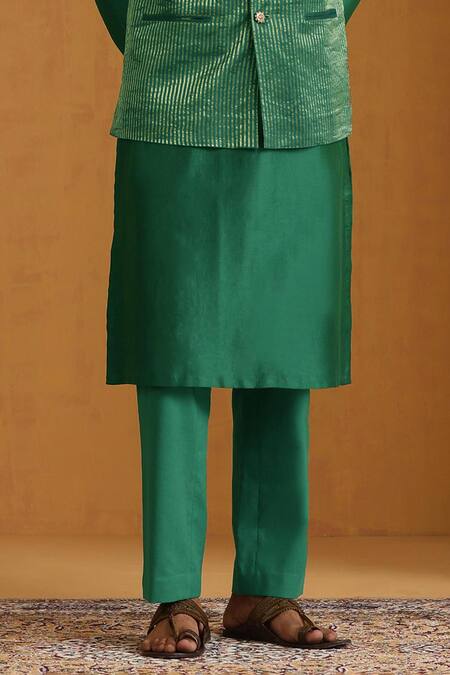 Buy_Weaver Story_Emerald Green Chanderi Zari, Embroidery Bundi Kurta Set _Online_at_Aza_Fashions