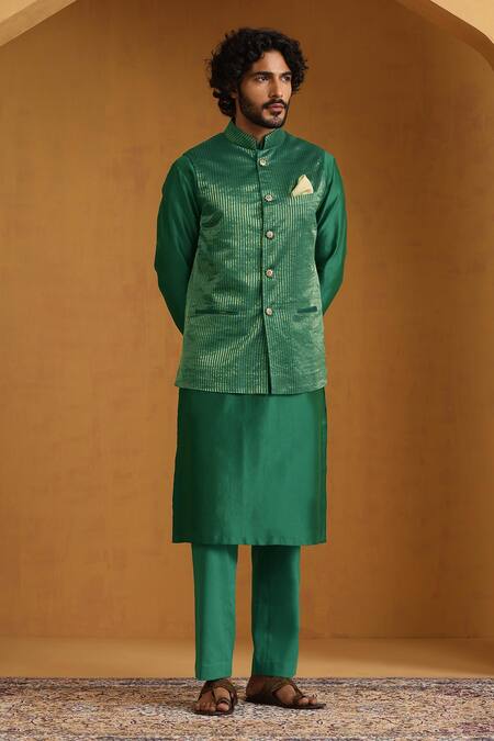 Shop_Weaver Story_Emerald Green Chanderi Zari, Embroidery Bundi Kurta Set _Online_at_Aza_Fashions
