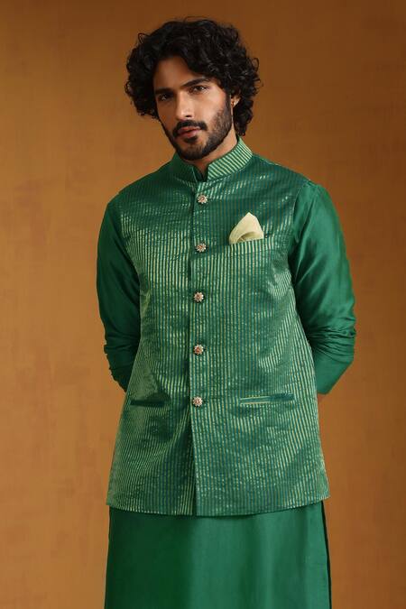 Weaver Story_Emerald Green Chanderi Zari, Embroidery Bundi Kurta Set _at_Aza_Fashions