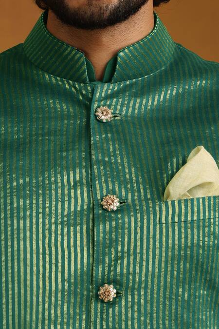 Buy_Weaver Story_Emerald Green Chanderi Zari, Embroidery Bundi Kurta Set 