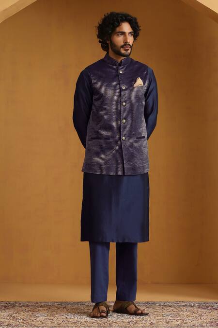 Shop Weaver Story Blue Chanderi Zari, Embroidery Woven Stripe Bundi Kurta Set Online at Aza Fashions Shop_Weaver Story_Blue Chanderi Zari, Embroidery Woven Stripe Bundi Kurta Set _Online_at_Aza_Fashions