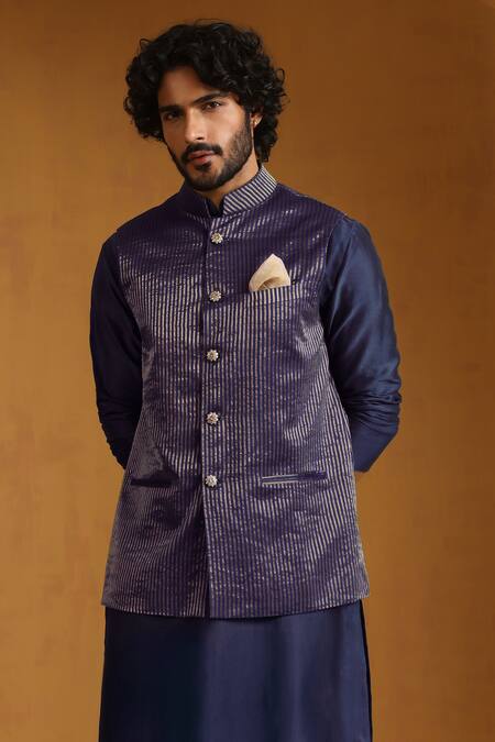 Weaver Story Blue Chanderi Zari, Embroidery Woven Stripe Bundi Kurta Set at Aza Fashions Weaver Story_Blue Chanderi Zari, Embroidery Woven Stripe Bundi Kurta Set _at_Aza_Fashions