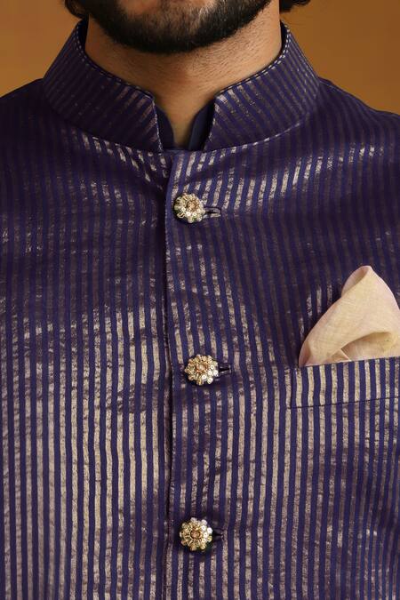 Buy Weaver Story Blue Chanderi Zari, Embroidery Woven Stripe Bundi Kurta Set Buy_Weaver Story_Blue Chanderi Zari, Embroidery Woven Stripe Bundi Kurta Set