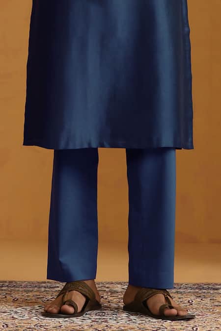 Weaver Story_Blue Chanderi Zari Woven Stripe Bundi Kurta Set _Online_at_Aza_Fashions