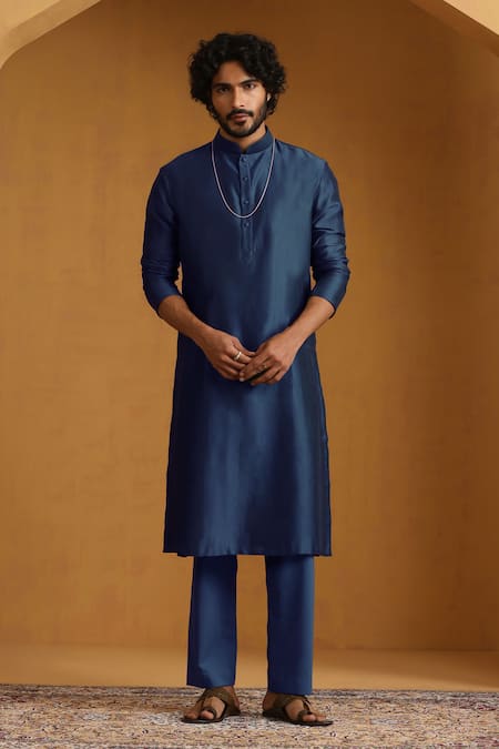 Buy_Weaver Story_Blue Chanderi Zari Woven Stripe Bundi Kurta Set _Online_at_Aza_Fashions