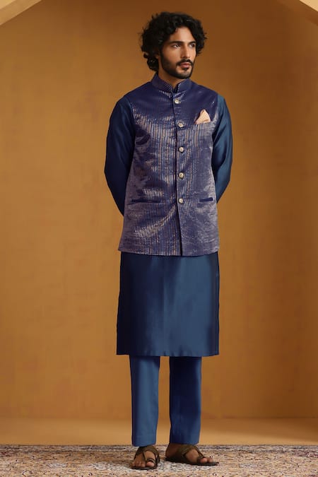 Shop_Weaver Story_Blue Chanderi Zari Woven Stripe Bundi Kurta Set _Online_at_Aza_Fashions