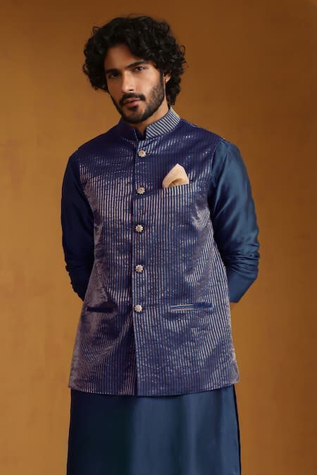 Weaver Story_Blue Chanderi Zari Woven Stripe Bundi Kurta Set _at_Aza_Fashions