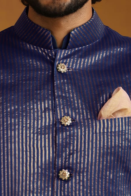Buy_Weaver Story_Blue Chanderi Zari Woven Stripe Bundi Kurta Set 