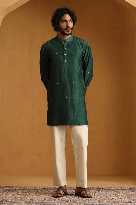 Weaver Story_Cream Cotton, Chiffon Embroidery Floral Butti Short Kurta Set _Online_at_Aza_Fashions