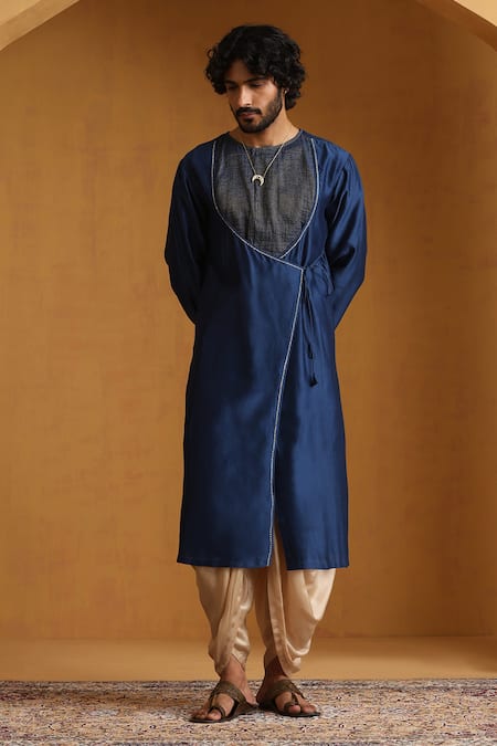 Weaver Story Beige Chanderi Embroidery Striped Panel Angarkha And Dhoti Pant Online at Aza Fashions Weaver Story_Beige Chanderi Embroidery Striped Panel Angarkha And Dhoti Pant _Online_at_Aza_Fashions