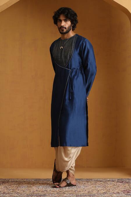 Shop Weaver Story Beige Chanderi Embroidery Striped Panel Angarkha And Dhoti Pant Online at Aza Fashions Shop_Weaver Story_Beige Chanderi Embroidery Striped Panel Angarkha And Dhoti Pant _Online_at_Aza_Fashions