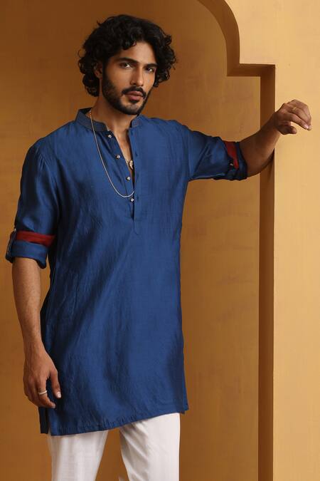 Shop_Weaver Story_Blue Chanderi, Cotton Zari, Sequins Zardozi Embroidered Kurta Set _Online_at_Aza_Fashions