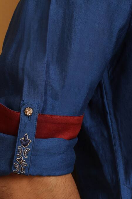 Weaver Story_Blue Chanderi, Cotton Zari, Sequins Zardozi Embroidered Kurta Set _at_Aza_Fashions