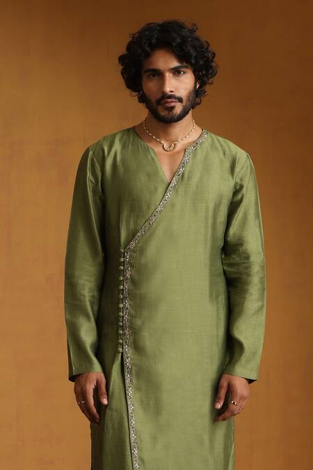 Weaver Story White Cotton, Chanderi Sequins, Embroidery Green Angarkha Set at Aza Fashions Weaver Story_White Cotton, Chanderi Sequins, Embroidery Green Angarkha Set _at_Aza_Fashions