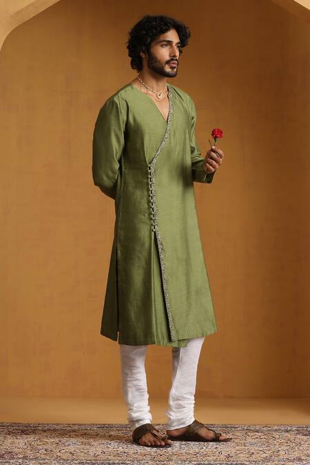 Buy Weaver Story White Cotton, Chanderi Sequins, Embroidery Green Angarkha Set Buy_Weaver Story_White Cotton, Chanderi Sequins, Embroidery Green Angarkha Set