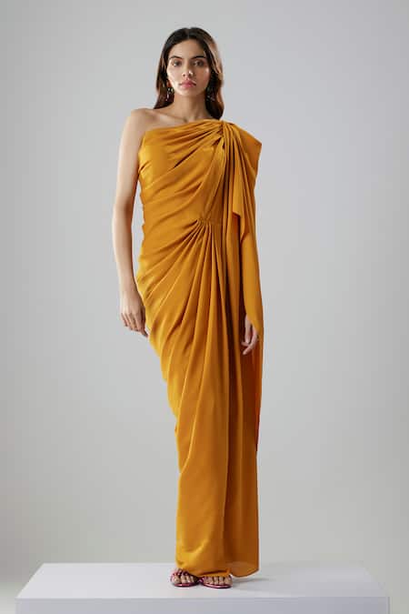 NA-KA_Yellow Georgette One Shoulder Draped Fit Gown _Online_at_Aza_Fashions
