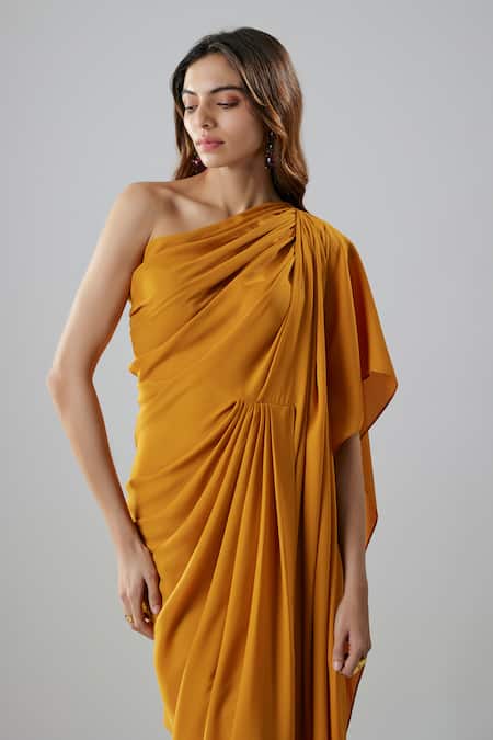 Buy_NA-KA_Yellow Georgette One Shoulder Draped Fit Gown _Online_at_Aza_Fashions