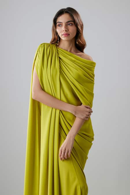 NA-KA Green Georgette One Shoulder Asymmetric Gown With Scarf Online at Aza Fashions NA-KA_Green Georgette One Shoulder Asymmetric Gown With Scarf _Online_at_Aza_Fashions