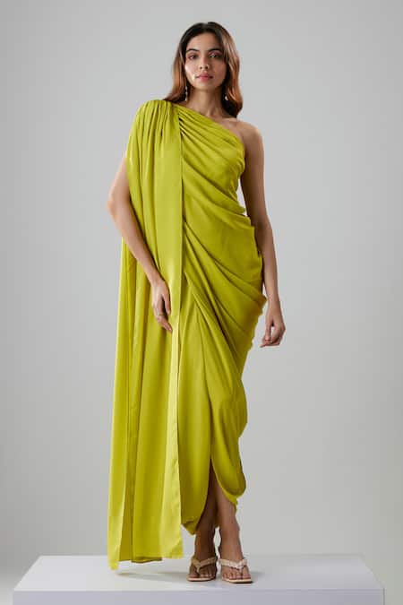 Buy NA-KA Green Georgette One Shoulder Asymmetric Gown With Scarf Online at Aza Fashions Buy_NA-KA_Green Georgette One Shoulder Asymmetric Gown With Scarf _Online_at_Aza_Fashions