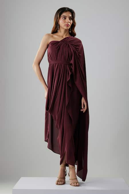 NA-KA_Wine Georgette One Shoulder Draped Gown _Online_at_Aza_Fashions