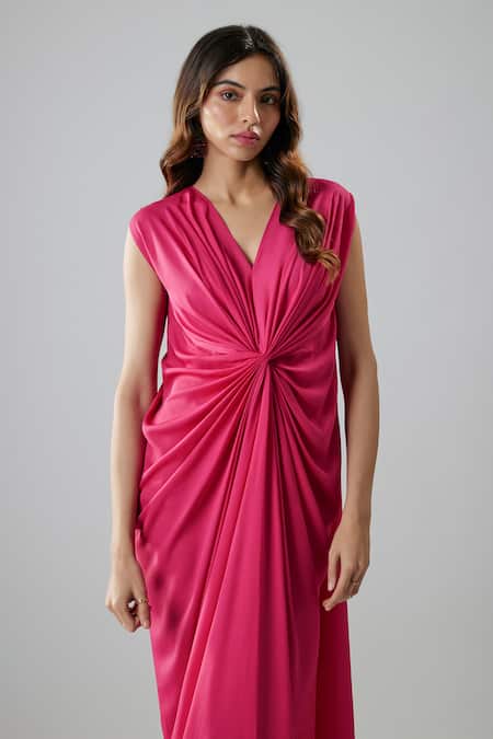 NA-KA_Fuchsia Georgette V-neck Gathered Twist Draped Gown _Online_at_Aza_Fashions
