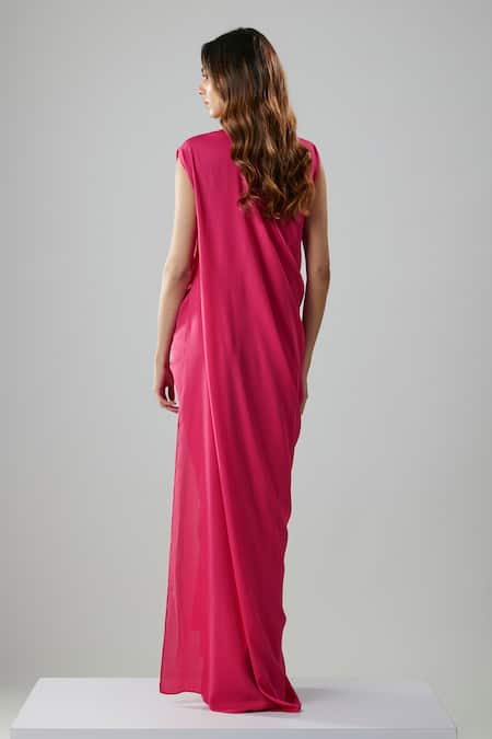 Shop_NA-KA_Fuchsia Georgette V-neck Gathered Twist Draped Gown _at_Aza_Fashions