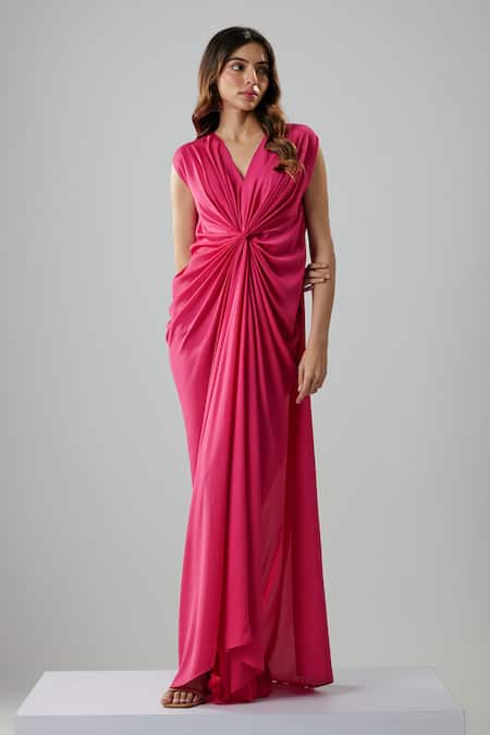 Buy_NA-KA_Fuchsia Georgette V-neck Gathered Twist Draped Gown _Online_at_Aza_Fashions