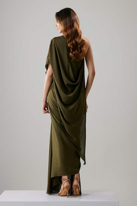 Shop_NA-KA_Green Georgette One Shoulder Draped Gown _at_Aza_Fashions
